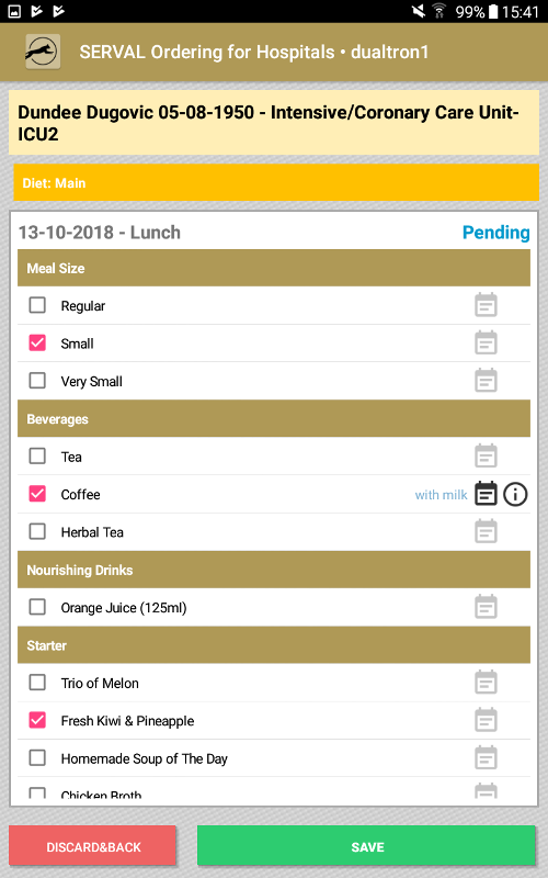 Bearbeitung einer Mahlzeit mittels Auswahl von Checkboxen